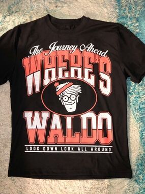 Dreamworks Black Tee with Red & White Where's Waldo Graphic
